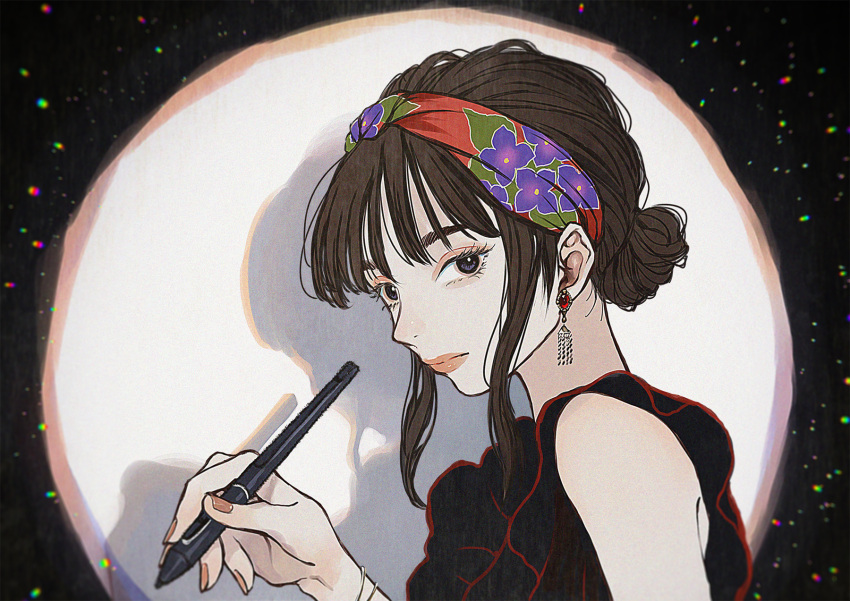 1girl bangs black_eyes black_hair brown_nails earrings highres holding holding_stylus huion jewelry looking_at_viewer original shadow sleeveless solo stylus yumeko_(yumeyana_g)