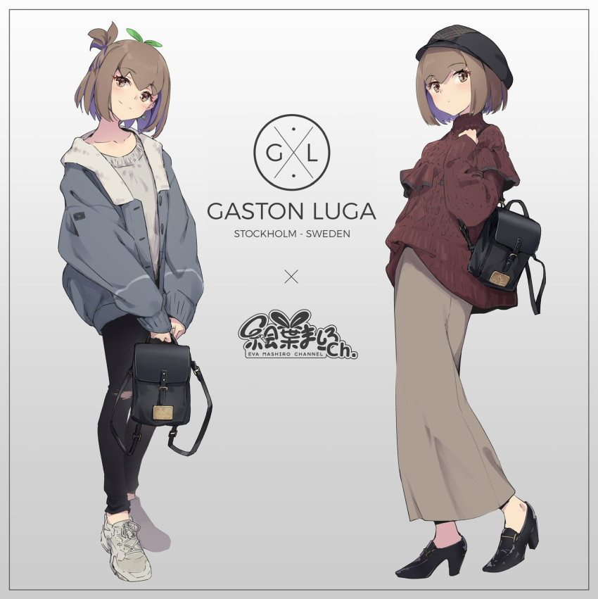 1girl backpack bag bangs black_footwear black_headwear black_pants brown_hair brown_skirt collarbone earrings eva_mashiro eva_mashiro_(vtuber) full_body gaston_luga grey_shirt hat highres indie_virtual_youtuber jacket jewelry looking_at_viewer multiple_views open_clothes open_jacket pants product_placement shirt shoes short_hair skirt sleeves_past_wrists smile sneakers split_mouth sprout_on_head standing sweater torn_clothes torn_pants turtleneck turtleneck_sweater white_footwear yellow_eyes
