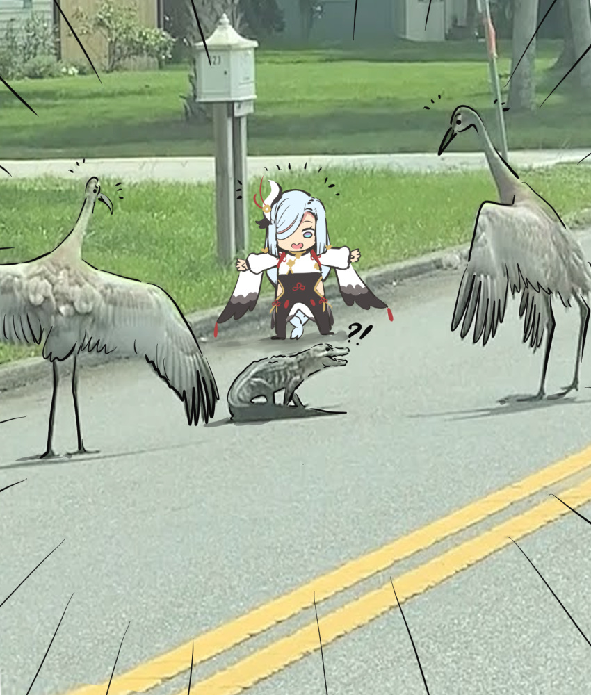 1girl alligator bangs bird black_bodysuit bodysuit commentary_request crane_(animal) crocodilian detached_sleeves eyebrows_visible_through_hair full_body genshin_impact grass grey_eyes grey_hair hair_ornament hair_over_one_eye highres lamppost long_hair long_sleeves looking_at_another ooyun outstretched_arms photo_background road shenhe_(genshin_impact) sidelocks spread_arms standing tree twitter_username wide_sleeves