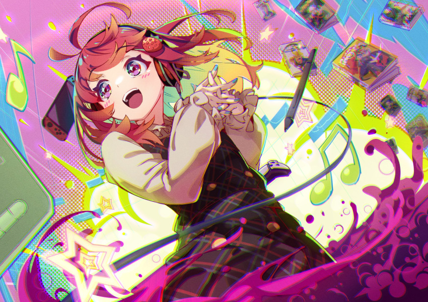 +_+ 1girl antenna_hair bangs beamed_eighth_notes blue_nails blush brown_hair brown_shirt cable chromatic_aberration controller dress dualshock eighth_note eva_mashiro explosion floating_hair food-themed_hair_ornament game_controller gamepad hair_ornament headphones highres long_hair long_sleeves manga_(object) musical_note nintendo_switch open_mouth original own_hands_together pinafore_dress playstation_controller puffy_long_sleeves puffy_sleeves shirt smile solo star_(symbol) strawberry_hair_ornament stylus teeth tongue upper_body upper_teeth violet_eyes