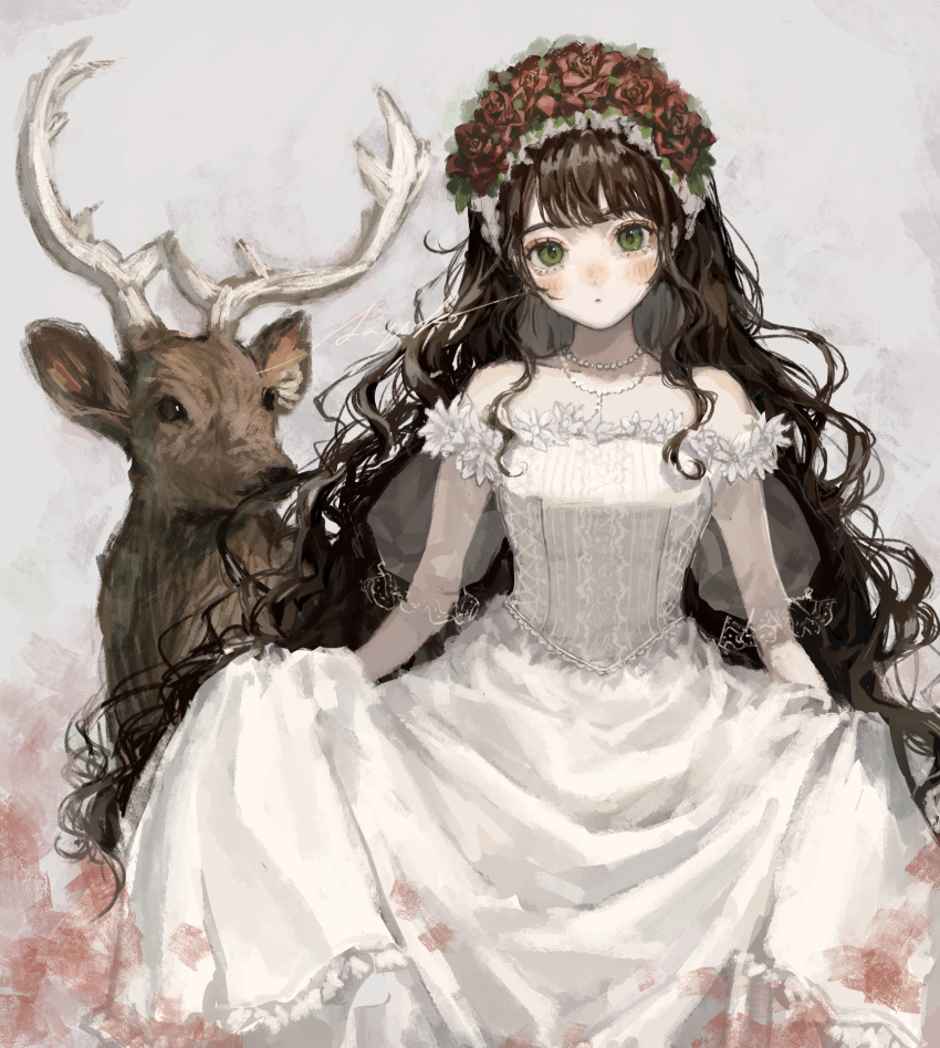 1girl bangs black_hair commentary_request deer dress flower green_eyes head_wreath highres horns jewelry long_hair looking_at_viewer necklace original parted_lips pearl_necklace sayosny2 skirt_hold wedding_dress white_dress