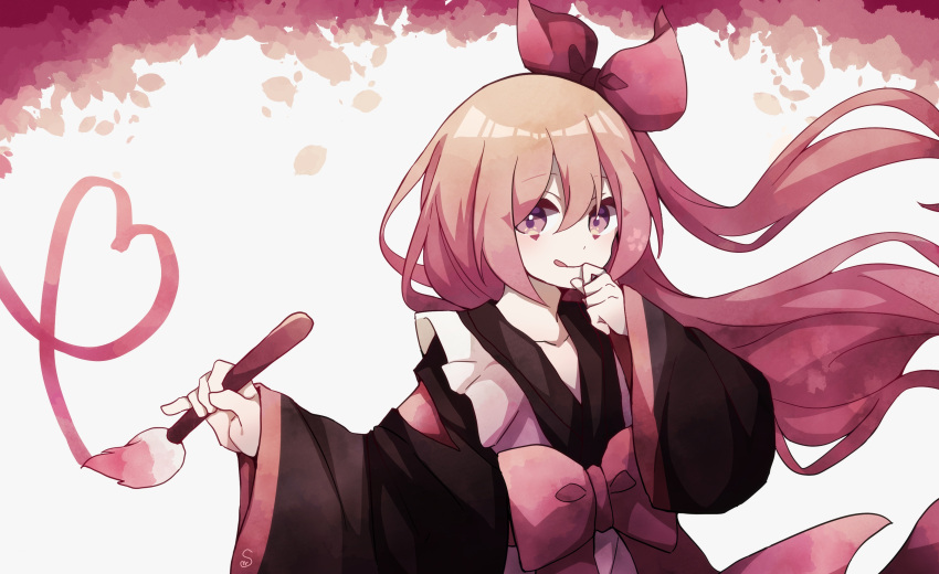 1boy absurdres apron bangs blush calligraphy_brush falling_petals frills hair_ribbon hand_on_own_chin heart highres holding holding_paintbrush japanese_clothes kimono kitsunemiyoru long_hair long_sleeves looking_to_the_side male_focus one_side_up original otoko_no_ko paintbrush painting_(action) petals pink_eyes pink_hair ribbon smile solo tongue very_long_hair wide_sleeves