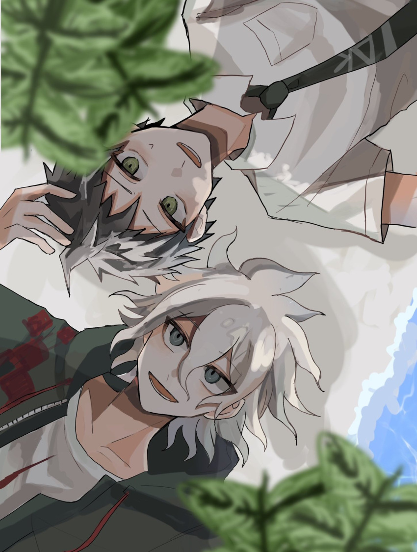 2boys ahoge bangs breast_pocket collarbone collared_shirt danganronpa_(series) danganronpa_2:_goodbye_despair green_jacket green_necktie grey_hair grey_shirt hair_between_eyes highres hinata_hajime hood hood_down jacket komaeda_nagito komahi_suki looking_at_viewer lower_teeth male_focus messy_hair multiple_boys necktie open_clothes open_jacket open_mouth pocket shirt short_hair short_sleeves smile teeth