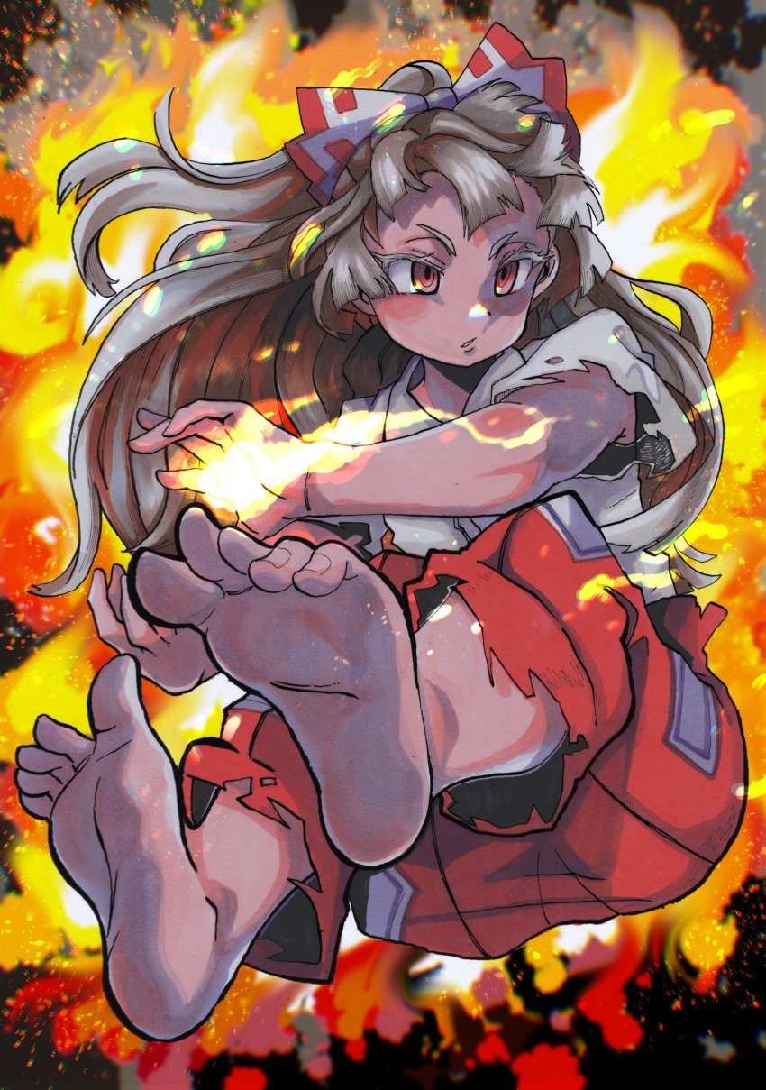 baggy_pants bangs barefoot bow burnt_clothes collared_shirt feet fire fujiwara_no_mokou grey_hair hair_bow highres inuyama_konan long_hair ofuda ofuda_on_clothes pants red_eyes red_pants shirt touhou very_long_hair white_bow white_hair white_shirt