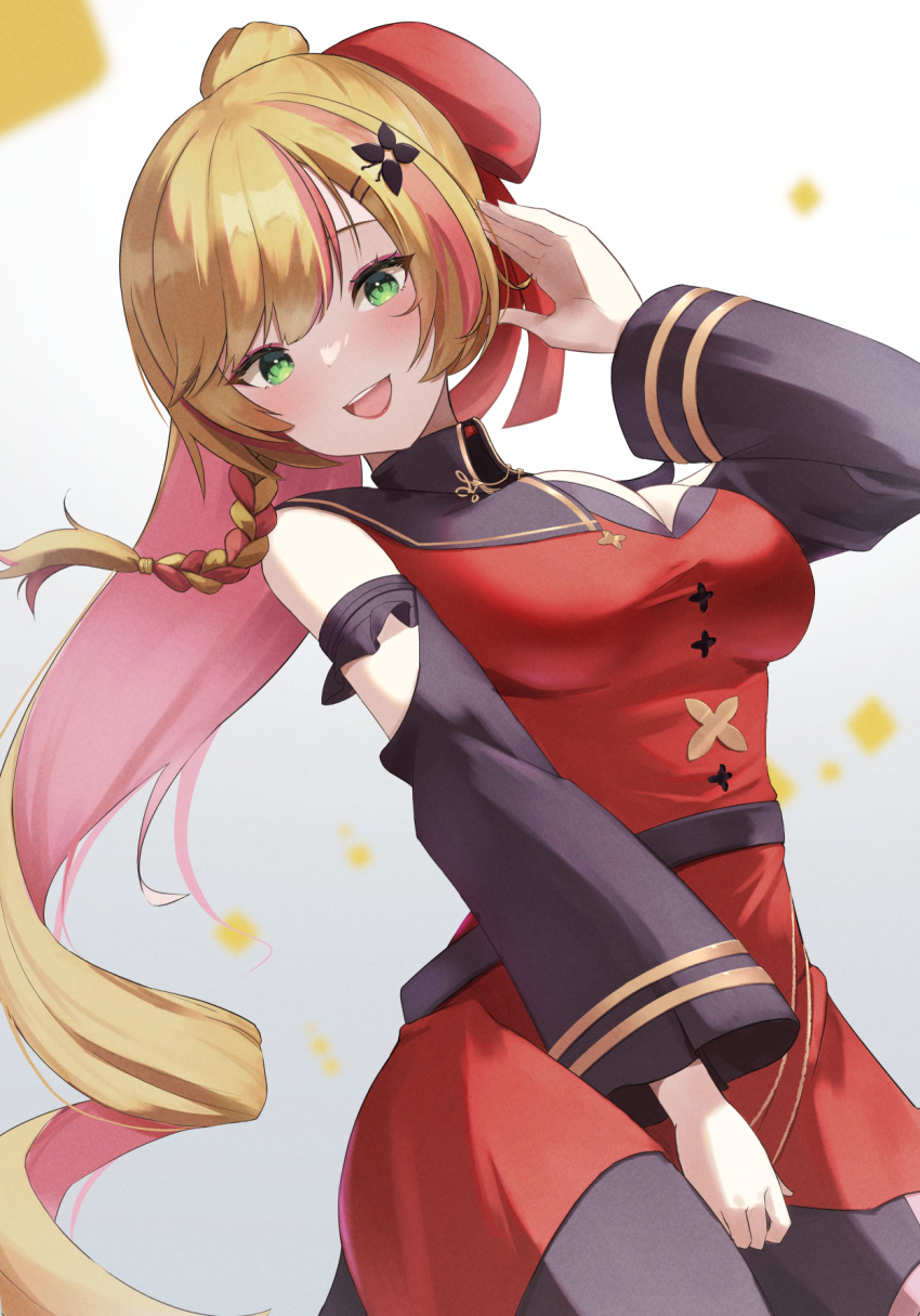 black_legwear blonde_hair blush bow braid colored_inner_hair detached_sleeves dress green_eyes grey_background hair_bow highres multicolored_hair nijisanji nijisanji_kr open_hand open_mouth pantyhose pink_hair red_bow red_dress seffyna side_braid smile takechi49