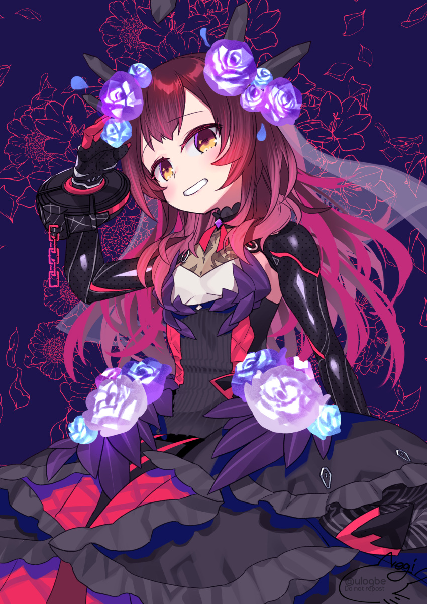 1girl android dress flower grin hair_flower hair_ornament highres hololive long_hair looking_at_viewer mechanical_arms negi_(ulog'be) purple_hair roboco-san sleeveless sleeveless_dress smile solo virtual_youtuber yellow_eyes