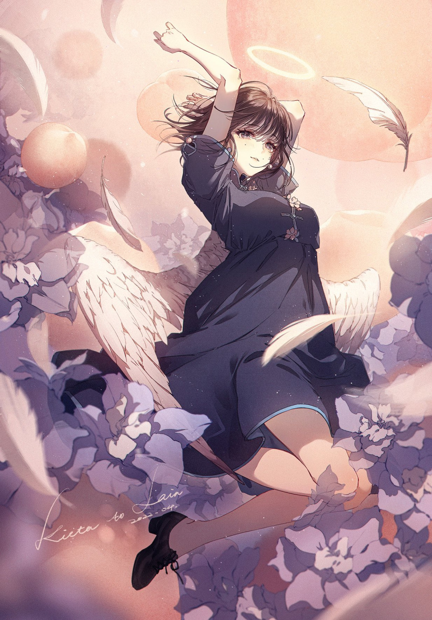 1girl arms_behind_head artist_name bare_arms black_dress blue_flower breasts brown_hair character_request dated dress falling_feathers flower full_body gift_art hair_between_eyes halo highres kieta medium_breasts mole mole_under_eye multiple_moles parted_lips shoes short_dress short_hair short_sleeves solo white_wings wings