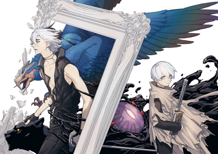 2boys belt bird black_gloves black_hair black_panther blue_eyes book bracelet cane child cloak closed_mouth coat collarbone debris devil_may_cry_(series) devil_may_cry_5 dual_persona fingerless_gloves gloves grey_eyes griffon_(devil_may_cry_5) highres holding holding_book holding_cane holding_sword holding_weapon jewelry katana looking_at_viewer male_focus monster multicolored_hair multiple_boys necklace nightmare_(devil_may_cry) official_art ogata_tomio open_mouth picture_frame shadow_(devil_may_cry_5) shorts skinny spoilers sword thick_eyebrows topless_male torn_cloak torn_clothes two-tone_hair v_(devil_may_cry) vergil_(devil_may_cry) weapon white_background white_hair yamato_(sword) younger