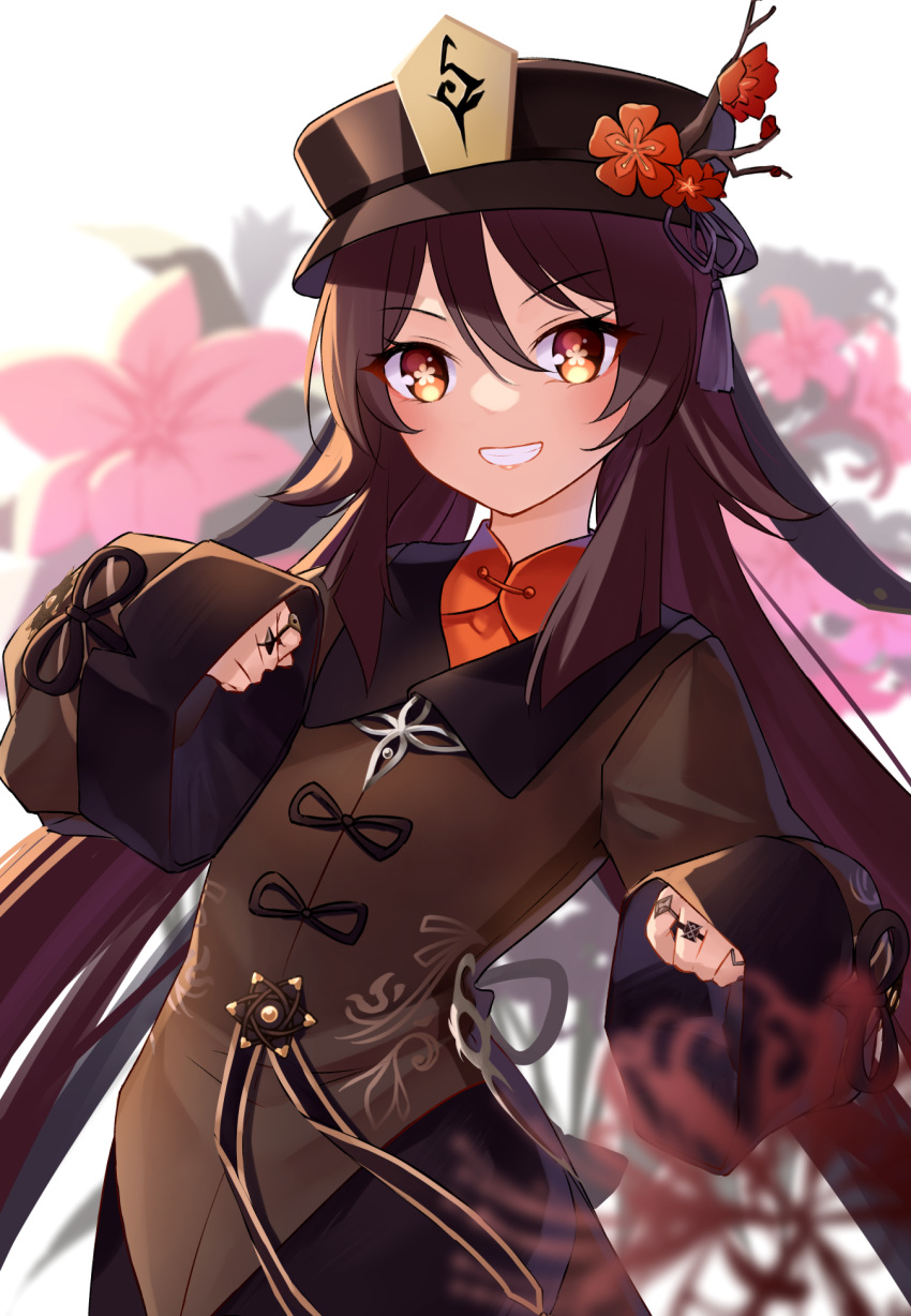1girl 53c bangs black_headwear black_skirt blurry blurry_background blurry_foreground brown_eyes brown_hair brown_jacket commentary depth_of_field duplicate eyebrows_visible_through_hair flower flower-shaped_pupils genshin_impact grin hair_between_eyes highres hu_tao_(genshin_impact) jacket long_hair long_sleeves looking_at_viewer pink_flower pixel-perfect_duplicate red_flower red_shirt shirt skirt sleeves_past_fingers sleeves_past_wrists smile solo spider_lily symbol-shaped_pupils very_long_hair white_background