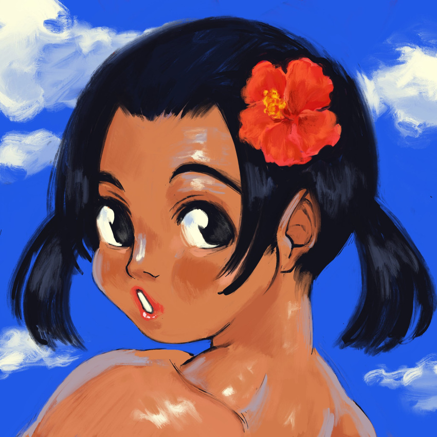1girl arung_samudra_(cessa) avroom97 black_hair blue_sky clouds cloudy_sky dark-skinned_female dark_skin flower from_behind hair_flower hair_ornament highres looking_at_viewer looking_back ombok_diving_and_delivery_services parted_lips portrait red_flower sky solo twintails