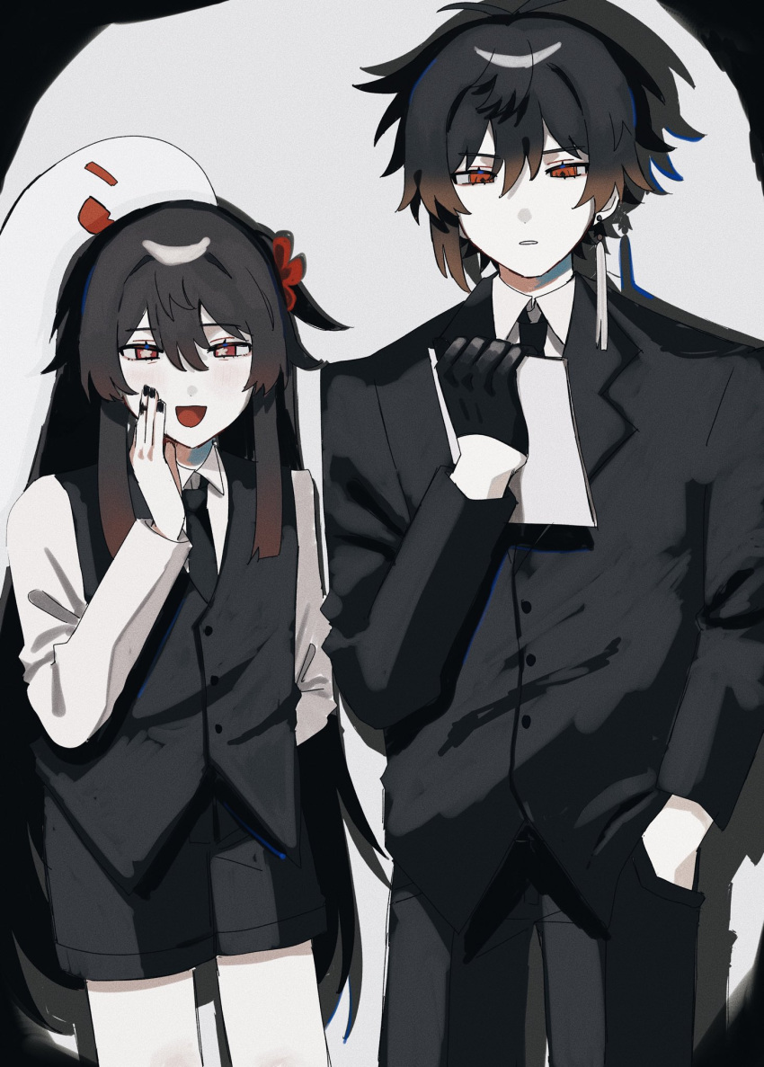1boy 1girl artist_request black_background black_nails flat_chest flower-shaped_pupils genshin_impact ghost gradient_hair highres hu_tao_(genshin_impact) long_hair looking_at_viewer multicolored_hair open_mouth red_eyes source_request standing symbol-shaped_pupils white_background zhongli_(genshin_impact)