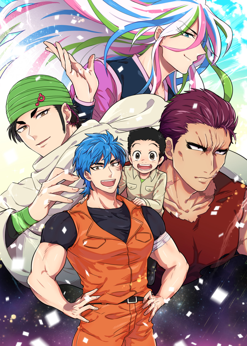 5boys absurdres belt black_bodysuit black_hair black_shirt blue_eyes blue_hair bodysuit brown_eyes clip_studio_paint_(medium) cloak coco_(toriko) commentary_request confetti green_hair highres komatsu_(toriko) long_hair looking_at_viewer male_focus multicolored_hair multiple_boys muscular muscular_male open_mouth pink_hair red_shirt redhead scar scar_on_cheek scar_on_face scar_on_mouth shirt short_hair simple_background size_difference sleeveless_jumpsuit smile sunny_(toriko) suou_mr toriko toriko_(series) turban upper_body white_hair zebra_(toriko)