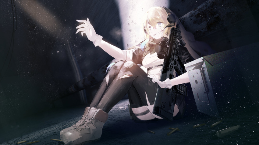 1girl absurdres bandana black_legwear blonde_hair blue_eyes boots commentary commission dori_(artist) english_commentary full_body gloves gradient_hair headset highres indie_virtual_youtuber iwi_x95 multicolored_hair second-party_source shell_casing sitting solo thigh-highs virtual_youtuber weapon_request zeta_(vtuber)