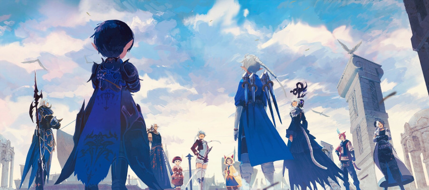 4girls 6+boys alisaie_leveilleur alphinaud_leveilleur animal_ears animal_hood armor avatar_(ff14) bangs bare_shoulders belt beret bird black_dress black_gloves black_hair black_pants black_robe black_scarf black_shirt blue_cape blue_coat boots braid cape cat_ears cat_hood cat_tail clouds cloudy_sky coat column cropped_jacket crossed_arms day dragoon_(final_fantasy) dress elezen elf facing_away faulds final_fantasy final_fantasy_xiv fingerless_gloves from_behind g'raha_tia gloves grey_hair hand_on_hip hands_on_hips hat highres hood hooded_jacket hyur jacket knee_boots krile_mayer_baldesion_(ff14) lalafell lance long_hair miqo'te multiple_boys multiple_girls nin0019 outdoors paladin_(final_fantasy) pants pauldrons pillar pointy_ears polearm ponytail red_headwear red_jacket redhead sage_(final_fantasy) scarf scenery ship shirt short_hair shoulder_armor single_braid sky smile staff standing tail tataru_taru thancred_waters thigh_boots urianger_augurelt watercraft weapon weapon_on_back white_coat white_footwear white_shirt yellow_jacket