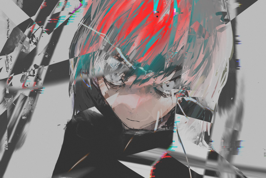 1girl abstract_background angry blue_hair crack glitch grey_eyes highres looking_at_viewer multicolored_hair original portrait redhead shake_(shyakep) solo white_hair