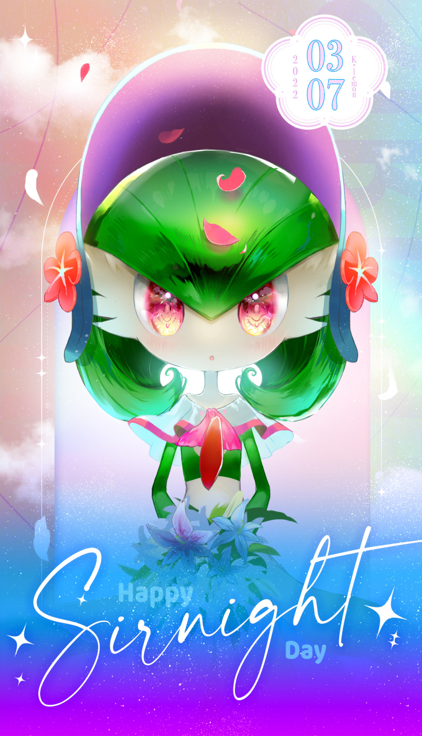 1girl artist_name bangs blush bob_cut bonnet bouquet capelet character_name clouds colored_skin commentary dated english_text flat_chest flower gardevoir gardevoir_day green_hair green_skin hair_between_eyes hat hat_flower highres holding holding_bouquet kusa_lemon looking_at_viewer multicolored_skin open_mouth petals pink_flower pink_headwear pink_trim pokemon pokemon_(creature) pokemon_(game) pokemon_unite red_eyes red_flower shiny shiny_hair short_hair solo sparkle straight-on two-tone_skin upper_body white_capelet white_flower white_skin
