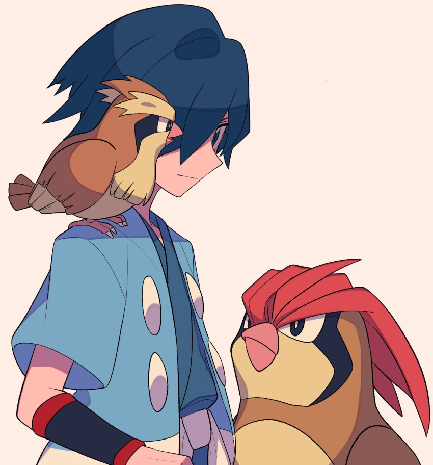 1boy animal_on_shoulder bangs bird bird_on_shoulder black_wristband blue_hair blue_jacket blue_kimono closed_mouth commentary_request falkner_(pokemon) hair_over_one_eye haori highres jacket japanese_clothes kimono male_focus on_shoulder open_clothes open_jacket pidgeotto pidgey pokemon pokemon_(creature) pokemon_(game) pokemon_hgss pokemon_on_shoulder sash short_hair short_sleeves smile tyako_089 white_background wristband