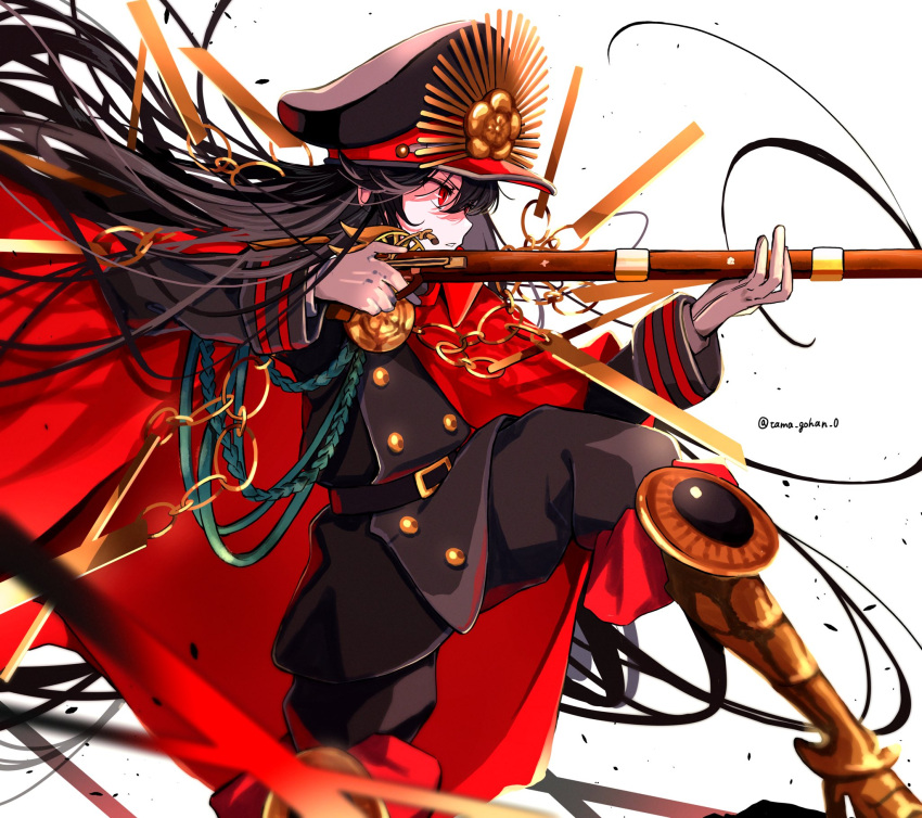 1girl aiming belt black_hair boots cape commentary_request fate/grand_order fate_(series) gloves gun hat hi_(wshw5728) highres long_hair metal_boots musket oda_nobunaga_(fate) oda_nobunaga_(koha-ace) one_knee red_eyes twitter_username uniform weapon white_background white_gloves