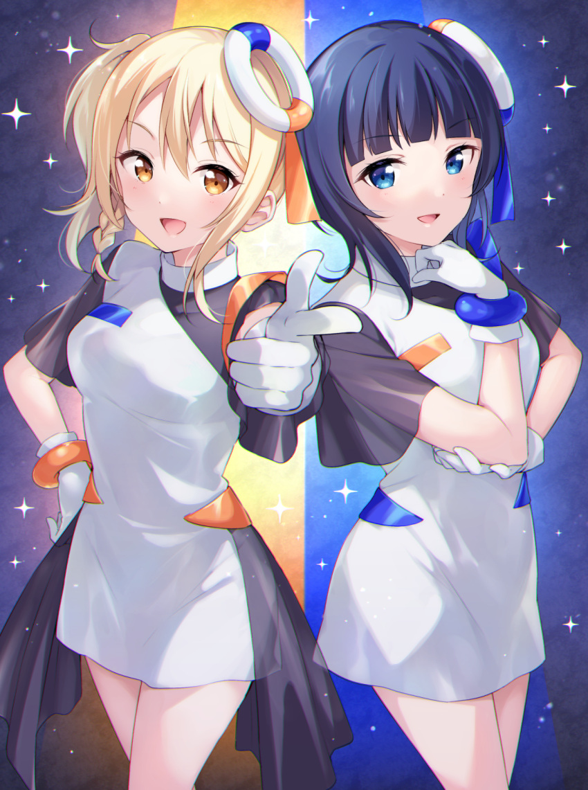 2girls asaka_karin bangs blonde_hair blue_eyes blue_hair breasts diverdiva dress eternal_light_(love_live!) gloves hazuki_(sutasuta) highres large_breasts love_live! love_live!_nijigasaki_high_school_idol_club medium_hair miyashita_ai multiple_girls orange_eyes side_ponytail sidelocks swept_bangs white_dress white_gloves white_headwear yellow_eyes