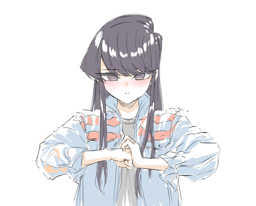 1girl bangs black_eyes black_hair eyebrows_behind_hair eyebrows_visible_through_hair hair_between_eyes highres holding_hands jacket komi-san_wa_komyushou_desu komi_shouko long_hair looking_at_viewer mitsugu shirt simple_background smile solo upper_body white_background