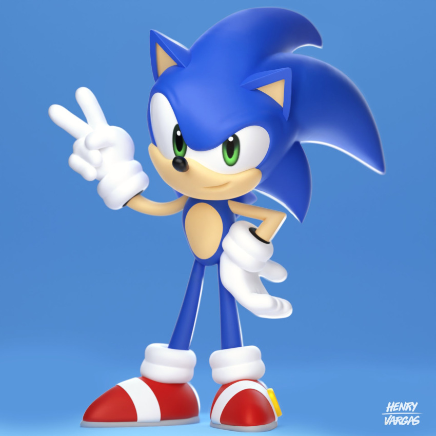 3d artist_name blue_background full_body gloves gradient gradient_background green_eyes hand_on_hip henry_vargas highres red_footwear smirk sonic_(series) sonic_the_hedgehog standing v white_gloves