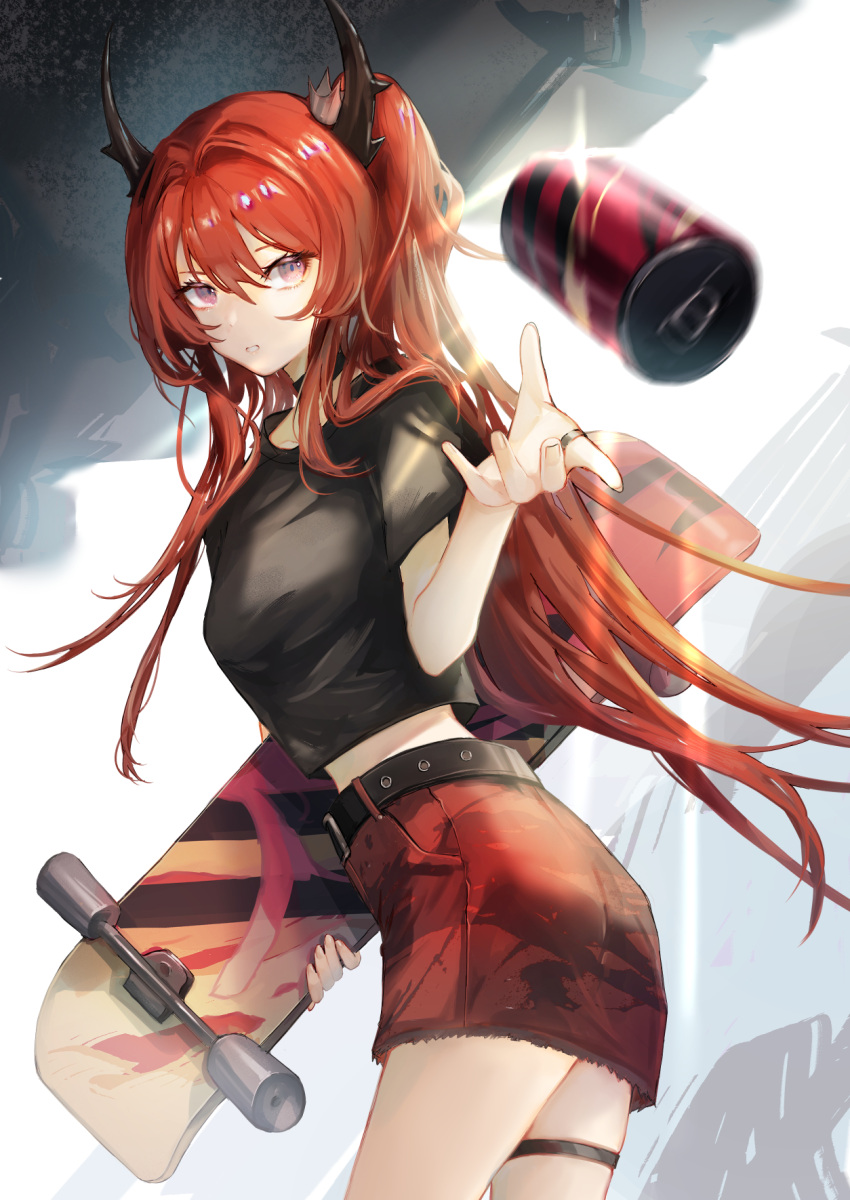 1girl arknights belt black_shirt breasts can cowboy_shot eyebrows_visible_through_hair glint hemorina highres holding horns jewelry lens_flare long_hair medium_breasts midriff_peek miniskirt motion_blur official_alternate_costume parted_lips ponytail red_skirt redhead ring shirt short_sleeves skateboard skirt smile soda_can solo surtr_(arknights) surtr_(liberte_echec)_(arknights) thigh_strap throwing v-shaped_eyebrows very_long_hair violet_eyes wall