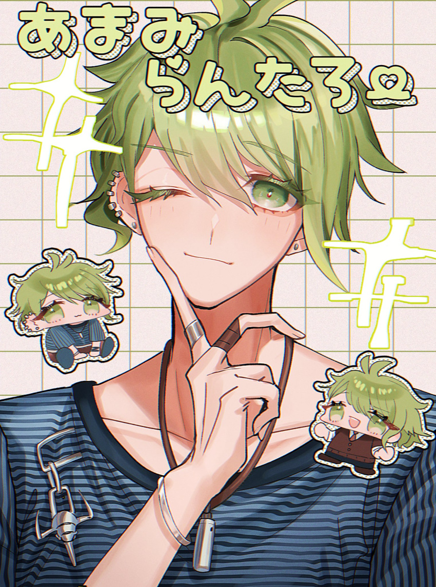 1boy amami_rantarou bangs bracelet brown_jacket chibi collarbone danganronpa_(series) danganronpa_v3:_killing_harmony ear_piercing earrings eyebrows_visible_through_hair grey_background hand_up highres jacket jewelry junajuna_go long_fingers looking_at_viewer multiple_views necklace necktie piercing portrait shirt smile striped striped_shirt translation_request