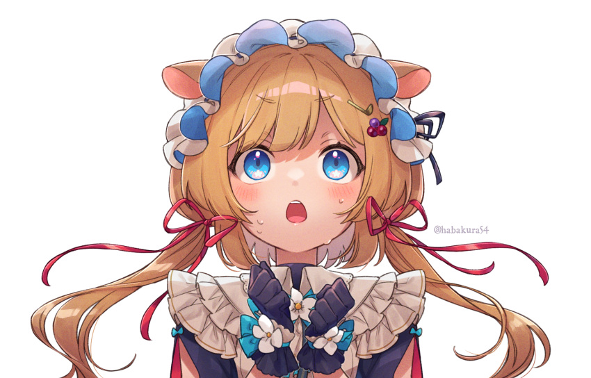 1girl animal_ears blonde_hair blue_eyes blush eli_conifer goshi-san highres long_hair maid_headdress nijisanji open_mouth portrait simple_background solo sweat sweating_profusely twintails twitter_username virtual_youtuber white_background