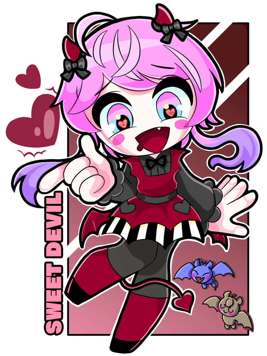 1boy alternate_costume amemura_ramuda bangs blue_eyes blush_stickers crossdressing demon_boy demon_horns demon_tail eyebrows_visible_through_hair fang heart heart-shaped_pupils highres horns hypnosis_mic long_sleeves open_mouth pink_hair short_hair sidelocks smile symbol-shaped_pupils tail tamagoyaki_p