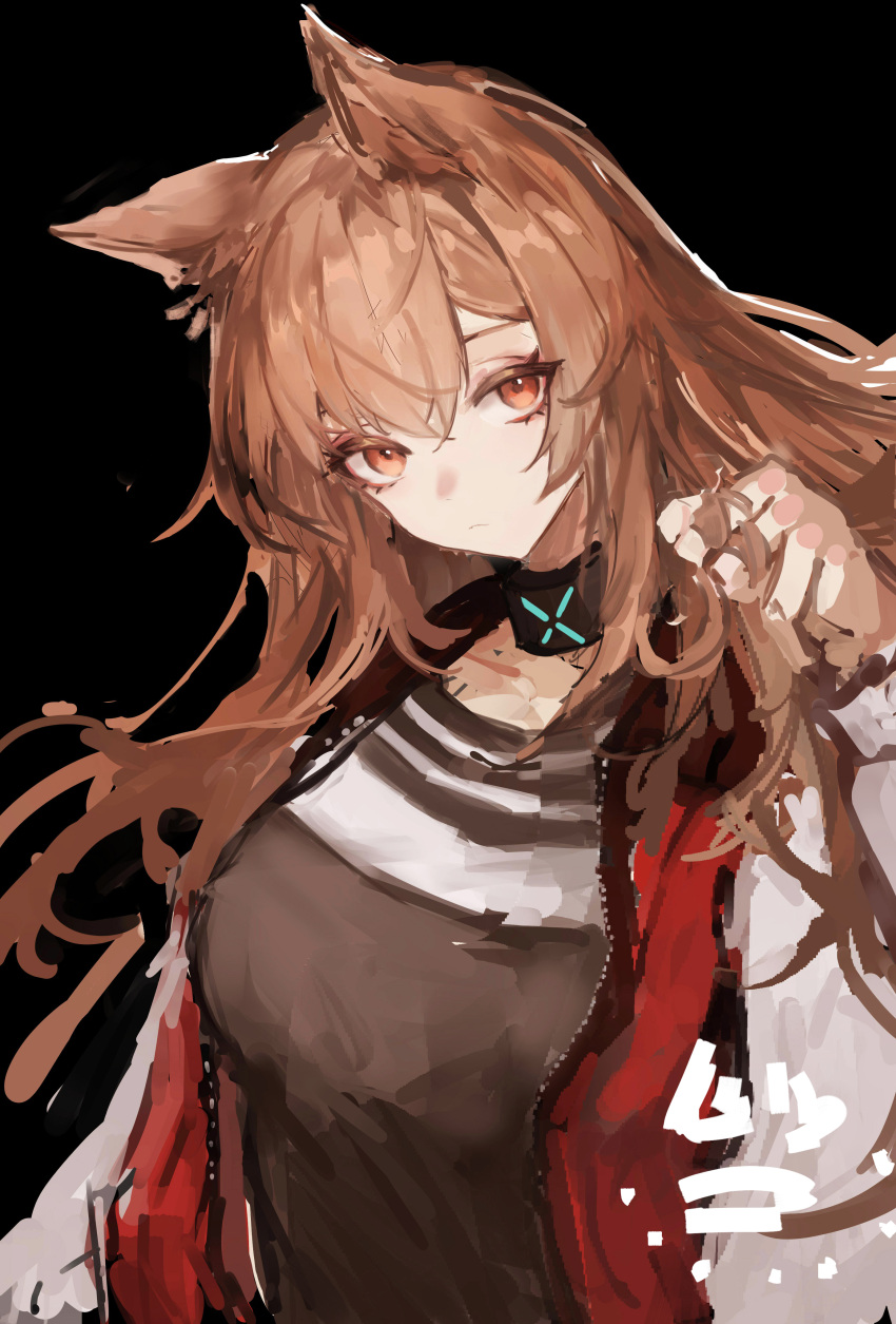 1girl absurdres alternate_hairstyle amayouri angelina_(arknights) animal_ears arknights bangs black_background black_shirt breasts brown_eyes brown_hair closed_mouth coat collar eyebrows_behind_hair fox_ears hair_down hand_in_own_hair hand_up highres infection_monitor_(arknights) jacket large_breasts long_hair long_sleeves looking_at_viewer open_clothes open_coat open_jacket red_jacket shirt simple_background solo unzipped white_coat