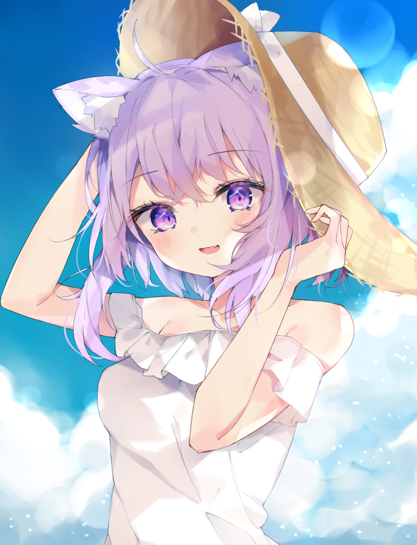 1girl :d absurdres ahoge animal_ear_fluff animal_ears bangs bare_shoulders blush brown_headwear cat_ears clouds crossed_bangs dress fang hands_on_headwear hat highres hololive looking_at_viewer medium_hair nekomata_okayu off-shoulder_dress off_shoulder purple_hair shigureszku sidelocks smile solo straw_hat upper_body violet_eyes virtual_youtuber white_dress