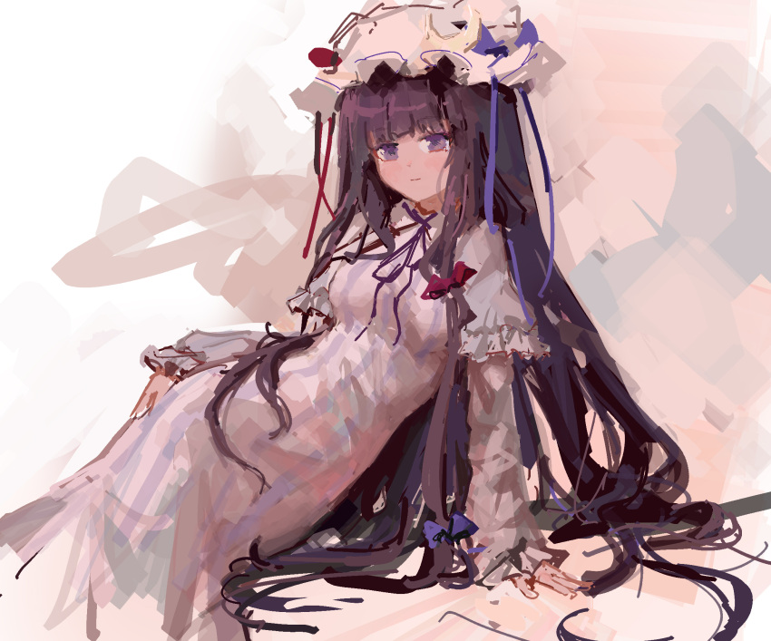 arm_support bangs blunt_bangs breasts closed_mouth dress feet_out_of_frame frilled_sleeves frills hat highres limited_palette long_hair long_sleeves looking_at_viewer mob_cap patchouli_knowledge purple_hair reddizen small_breasts striped striped_dress touhou vertical-striped_dress vertical_stripes very_long_hair violet_eyes