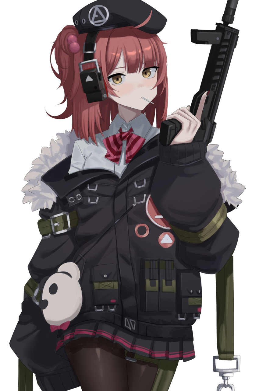 1girl a_iri_a ahoge beret collared_shirt dress_shirt girls_frontline gun h&amp;k_mp7 hat highres medium_hair mp7_(girls'_frontline) off_shoulder pantyhose pleated_skirt redhead ribbon shirt skirt solo submachine_gun weapon yellow_eyes