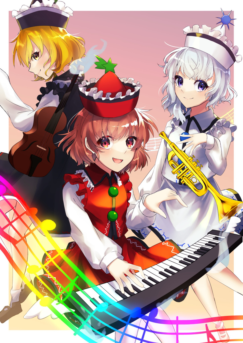 3girls black_headwear black_skirt black_vest blonde_hair border brown_eyes brown_hair closed_mouth collared_shirt commentary_request floating floating_object happy highres instrument keyboard_(instrument) long_sleeves looking_at_viewer lunasa_prismriver lyrica_prismriver merlin_prismriver multiple_girls music open_mouth pink_background pink_headwear pink_skirt pink_vest playing_instrument pointy_hat red_headwear red_skirt red_vest shirt short_hair siblings sisters skirt smile touhou trumpet vest violet_eyes violin wankosoradayo white_border white_hair white_shirt yellow_eyes