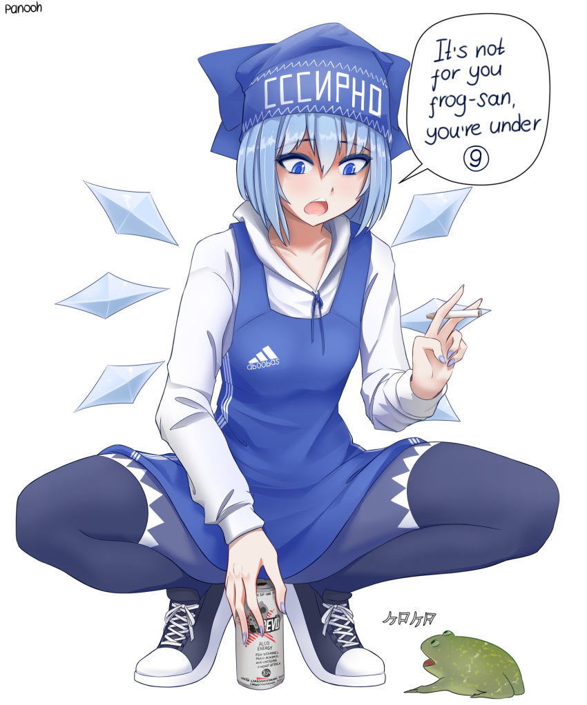 1girl adidas animal beer_can blue_eyes blue_hair can cigarette cirno cyrillic frog hat highres ice ice_wings leggings long_sleeves nail_polish pan-ooh shoes speech_bubble touhou wings