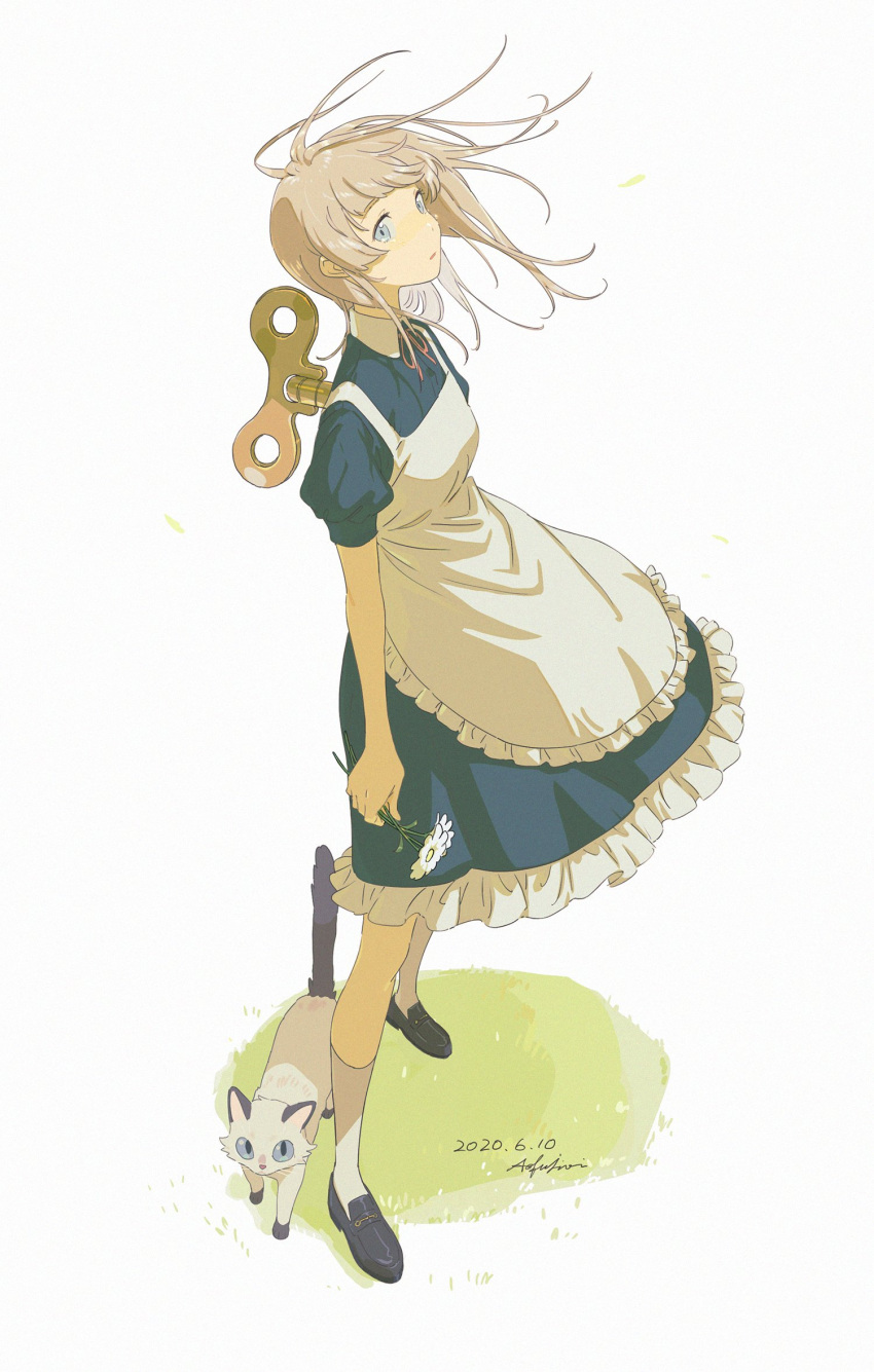 1girl ao_fujimori apron artist_name cat clothes_lift collared_dress dress dress_lift flower grey_eyes grey_hair highres long_dress long_hair shoes short_sleeves signature socks solo white_background wind winding_key