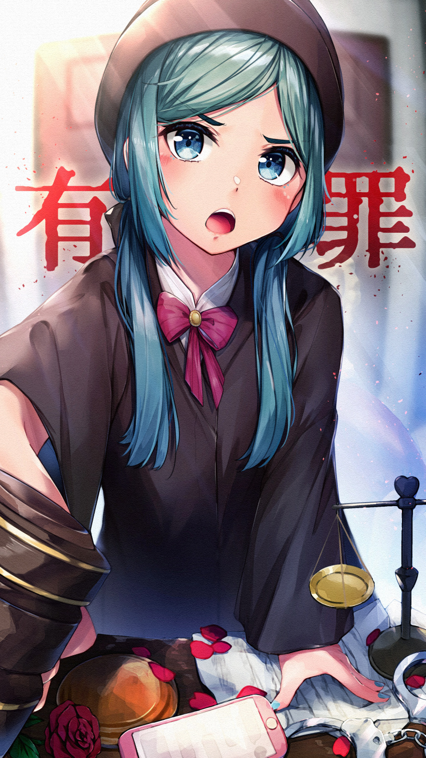 1girl :d absurdres aqua_hair bangs black_jacket blue_eyes blue_hair blue_nails bow bowtie eyebrows_visible_through_hair gradient_hair grey_headwear hair_over_shoulder hatsune_miku highres holding jacket long_hair looking_at_viewer low_twintails marutenmaruten multicolored_hair nail_polish open_mouth parted_bangs red_bow red_bowtie shiny shiny_hair smile solo sunlight twintails upper_body vocaloid