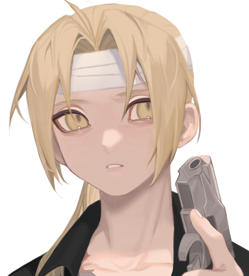 1boy ahoge automail bandaged_head bandages bangs black_shirt blonde_hair cbow collarbone collared_shirt edward_elric fullmetal_alchemist gun hair_over_shoulder hand_up handgun highres holding holding_gun holding_weapon injury long_hair looking_afar looking_at_viewer male_focus parted_bangs parted_lips portrait scar shirt simple_background solo trigger_discipline weapon white_background yellow_eyes