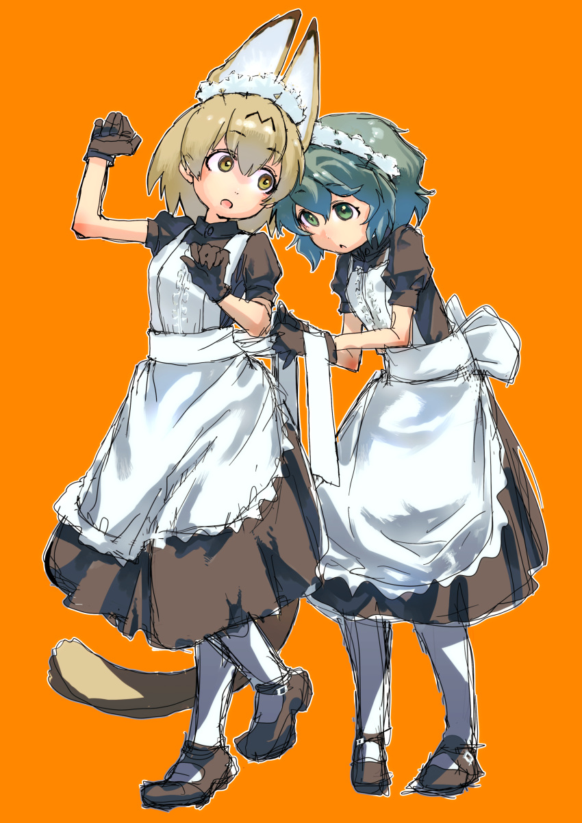 2girls absurdres alternate_costume animal_ears apron arairestaurant back_bow black_dress black_gloves black_hair blonde_hair blue_eyes bow brown_footwear cat_ears cat_girl cat_tail collared_dress commentary_request dress enmaided extra_ears gloves highres kaban_(kemono_friends) kemono_friends looking_at_another maid maid_apron maid_headdress mary_janes matching_outfit multiple_girls pantyhose puffy_short_sleeves puffy_sleeves serval_(kemono_friends) shoes short_hair short_sleeves standing standing_on_one_leg tail white_apron white_legwear yellow_eyes