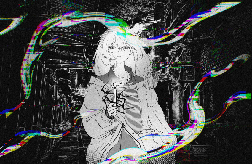 1boy black_background breastless_clothes candle collared_shirt doku_kobuko glitch greyscale hair_between_eyes hair_bun highres holding holding_candle holostars jacket long_hair looking_at_viewer low-tied_long_hair male_focus minase_rio monochrome open_collar parted_lips shirt skeleton_print sleeves_past_wrists solo spot_color straight-on upper_body virtual_youtuber