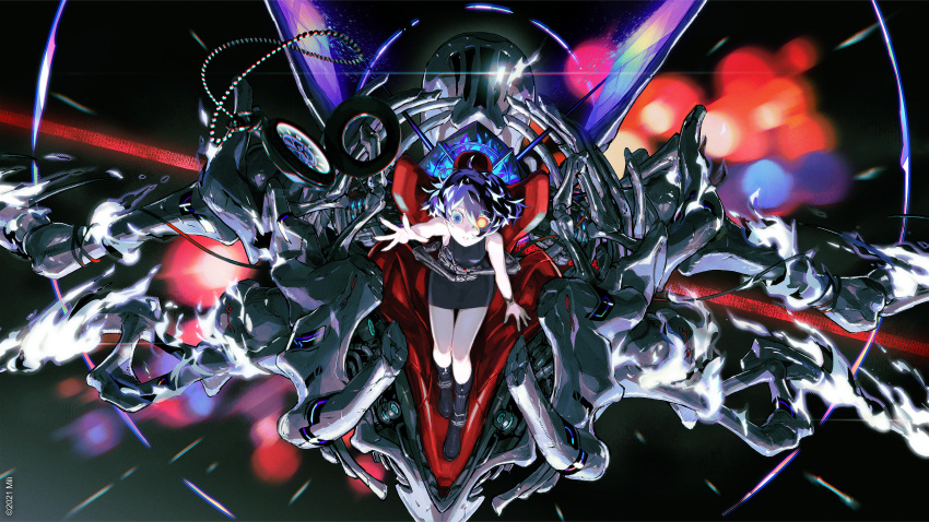 1girl absurdres blue_eyes blue_hair blue_nails boots copyright copyright_name dress hand_up heterochromia highres jnt looking_at_viewer mecha mechanical_arms messy_hair original short_dress short_hair sleeveless solo spiky_hair teeth watch yellow_eyes