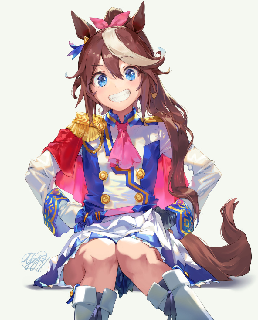 1girl absurdres animal_ears ascot asymmetrical_gloves black_gloves blue_eyes blue_jacket boots brown_hair buttons cape double-breasted ear_piercing epaulettes gloves hair_flaps high_ponytail highres horse_ears horse_girl horse_tail jacket knee_boots long_hair long_sleeves miniskirt mismatched_gloves multicolored_clothes multicolored_hair multicolored_jacket piercing pink_ascot pleated_skirt red_cape simple_background single_epaulette sitting skirt solo streaked_hair tail tokai_teio_(umamusume) two-tone_hair two-tone_jacket two-tone_skirt umamusume white_background white_footwear white_gloves white_hair white_jacket white_skirt yanyo_(ogino_atsuki)