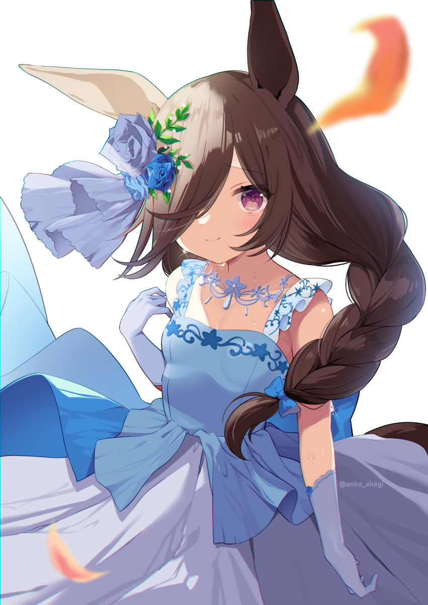 agaki_anko alternate_costume alternate_hairstyle animal_ears blush braid breasts brown_hair collarbone dress flower gloves hair_flower hair_ornament hair_over_one_eye highres horse_ears horse_girl leaves long_hair looking_at_viewer one_eye_covered purple_eyes rice_shower_(umamusume) simple_background sleeveless small_breasts solo sweat umamusume wedding_dress white_background