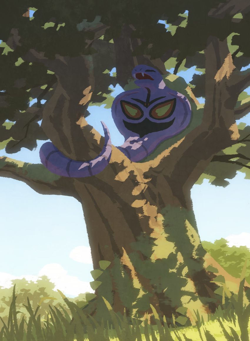 absurdres arbok closed_eyes clouds day fangs grass highres hyogonosuke in_tree no_humans open_mouth outdoors pokemon pokemon_(creature) sky sleeping snake solo tree