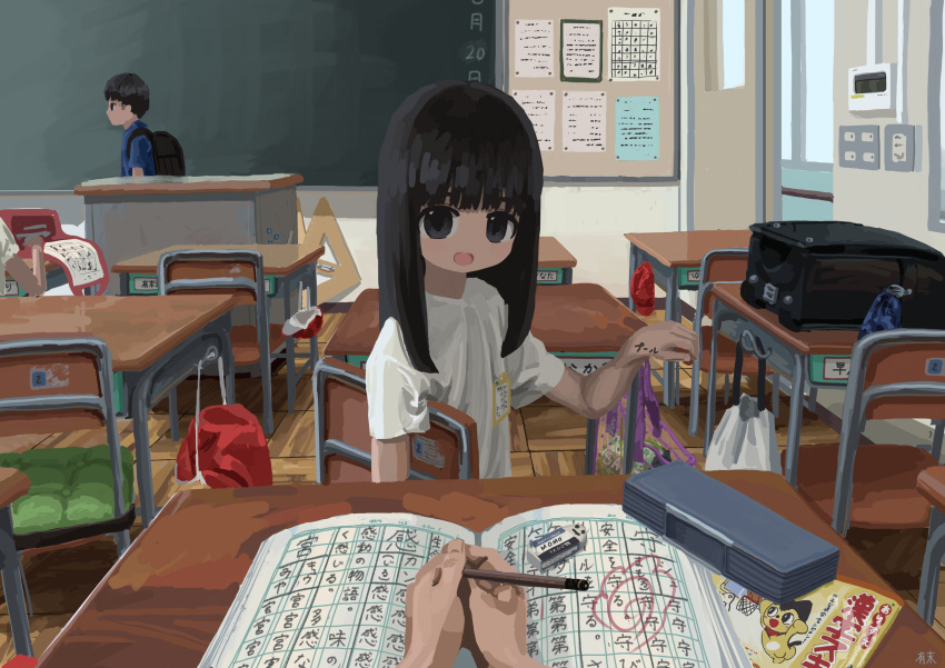 1girl absurdres backpack bag black_eyes black_hair blue_shirt chair chalkboard commentary_request desk eraser hand_up highres indoors long_hair looking_at_viewer notebook open_mouth original pencil pov sa1bi school school_chair school_desk shirt short_sleeves tongue white_shirt