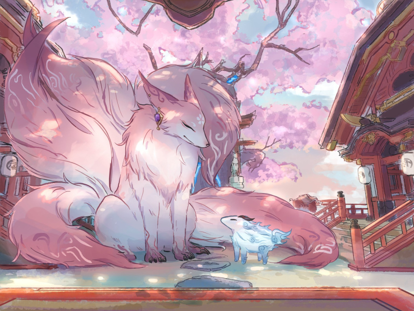 alternate_form architecture cherry_blossoms commentary earrings east_asian_architecture fox fox_tail ganyu_(genshin_impact) genshin_impact highres horns jewelry multiple_tails qilin_(mythology) tail torii tree xinzoruo yae_miko