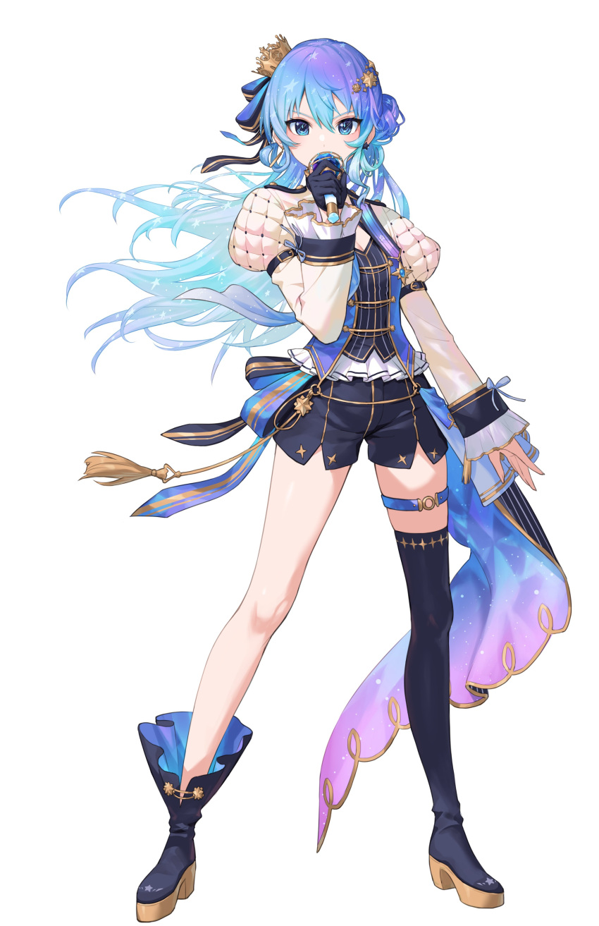 1girl absurdres asymmetrical_legwear blue_eyes blue_hair boots crown earrings full_body hair_ornament highres hololive hoshimachi_suisei idol jewelry juliet_sleeves long_hair long_sleeves microphone mini_crown nemoto_yuuma puffy_sleeves shooting_star shorts simple_background solo star_(symbol) star_in_eye symbol_in_eye thigh_boots thigh_strap vest virtual_youtuber white_background zettai_ryouiki