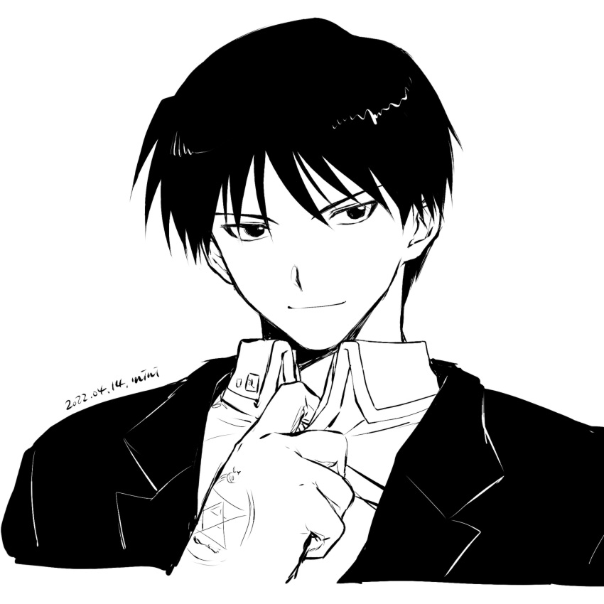 1boy 2022 adjusting_collar bangs closed_mouth cropped_torso dated fullmetal_alchemist gloves greyscale hair_between_eyes highres looking_at_viewer male_focus mini_(pixiv6327751) monochrome portrait roy_mustang shiny shiny_hair short_hair simple_background sketch smile solo white_background wing_collar