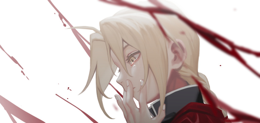 1boy bizarre_rain black_jacket blonde_hair blood braid braided_ponytail cbow coat covering_mouth crying edward_elric eyelashes from_side fullmetal_alchemist hand_over_own_mouth hand_up jacket long_hair looking_away male_focus portrait profile red_coat simple_background single_braid solo tears white_background yellow_eyes