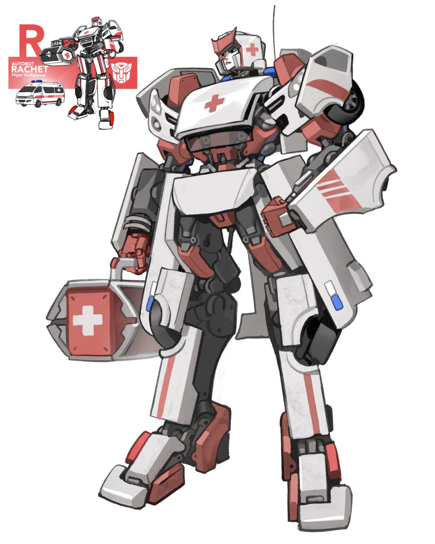 ambulance autobot clenched_hand english_commentary hand_on_hip highres holding mecha radio_antenna ratchet_(transformers) redesign redrawn reference_inset science_fiction standing theamazingspino transformers v-fin white_background